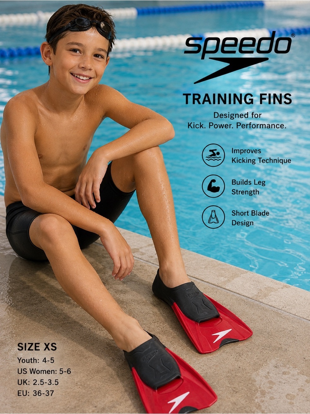 Speedo Swim Training Fins XS Youth 4-5 Women 5-6 Short Blade Swim Flippers
